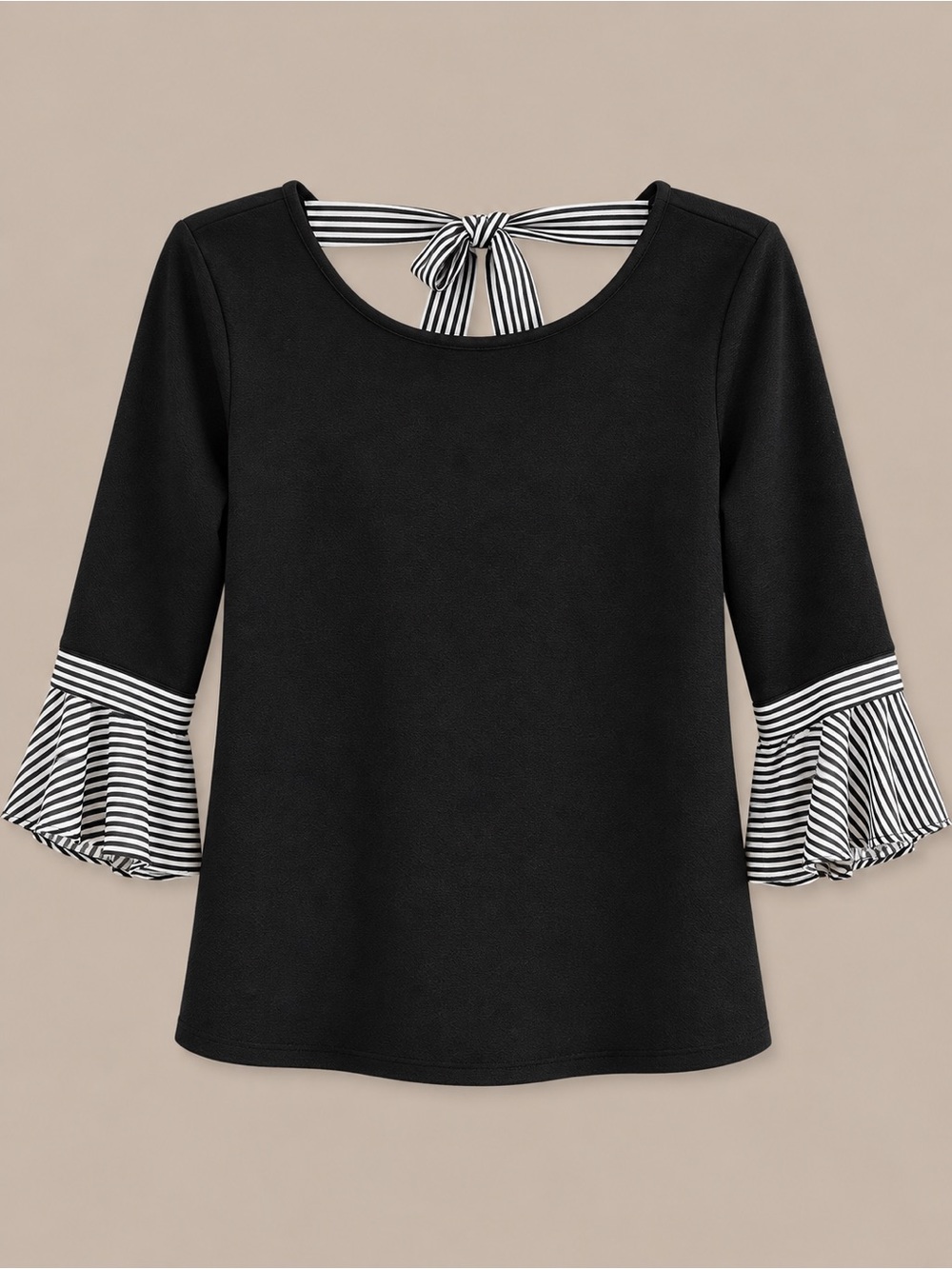 Chico's Black Top with Striped Tie-Back and Bell Sleeves